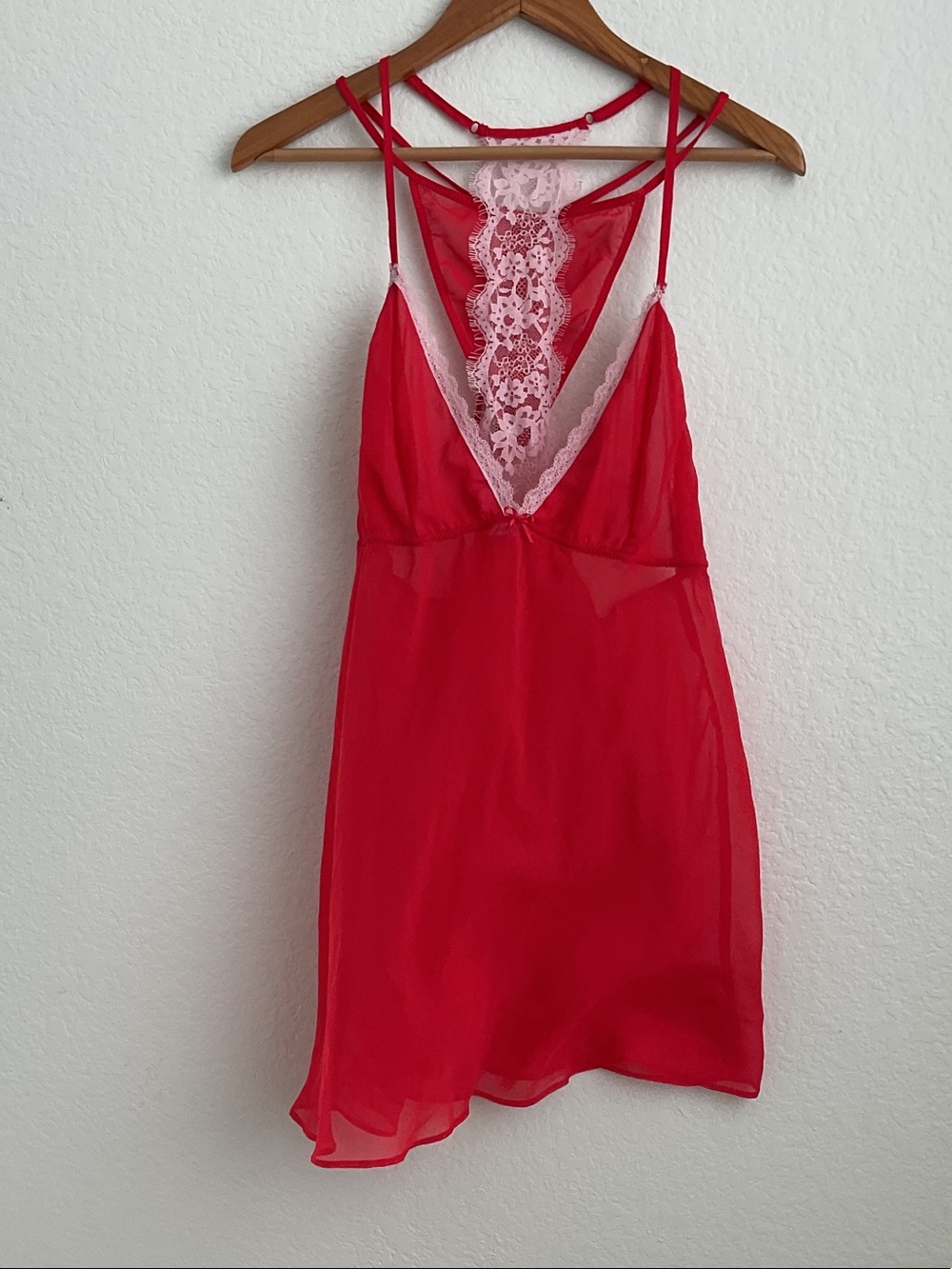 Linea Donatella Red Chemise with Pink Lace Back Detail and Matching Thong s/m